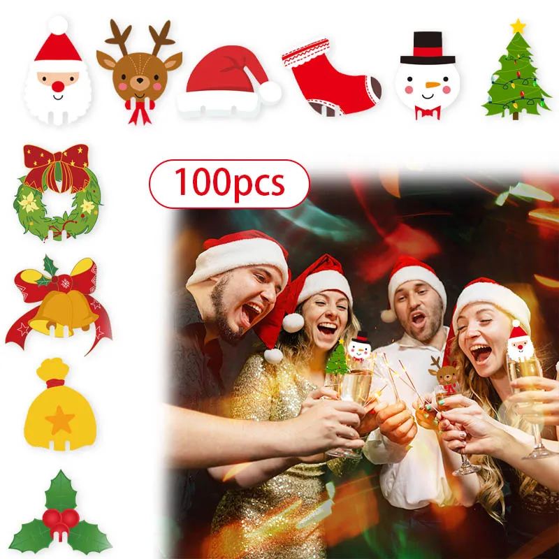 100pcs Christmas Wine Glass Decoration Santa Hat Xmas Tree Snowman Cup Card Home Table Place Decor Navidad New Year Party Supply - Image 4