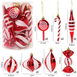 14pcs/box Christmas Ball Ornaments Red Candy Cane Xmas Tree Hanging Pendants Navidad New Year Home Decorations 2024 Natal Gift