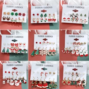 6 pairs Christmas Stud Earrings Xmas Tree Brown Elk Snowman Santa Claus Cute Christmas Earrings Christmas Gifts For Women Girls