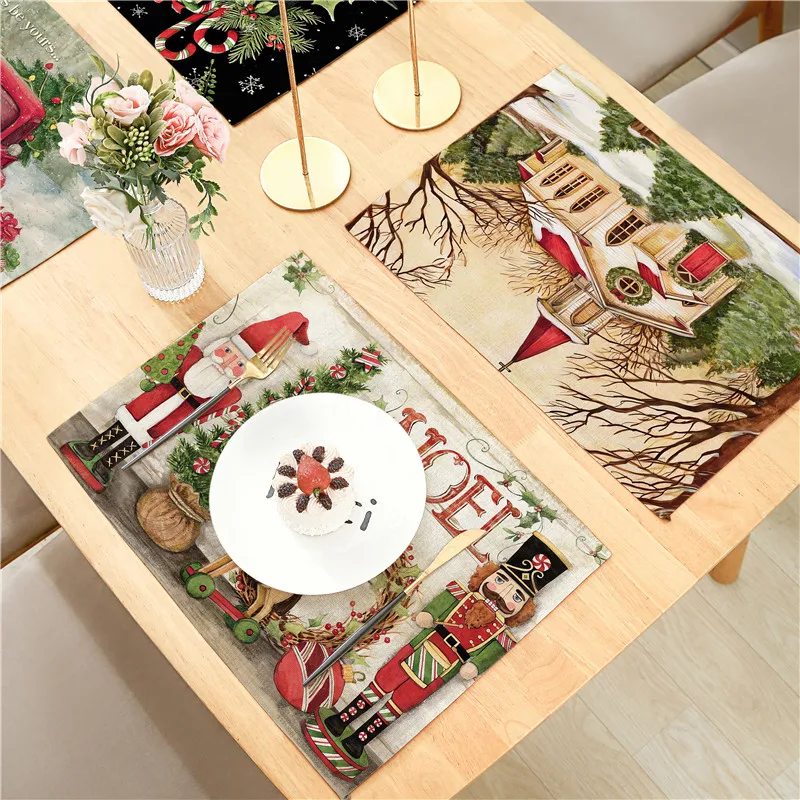 Christmas Linen Placemat Meal Cushion 32x42cm For Dining Room Kitchen Living Room and Xmas Festival