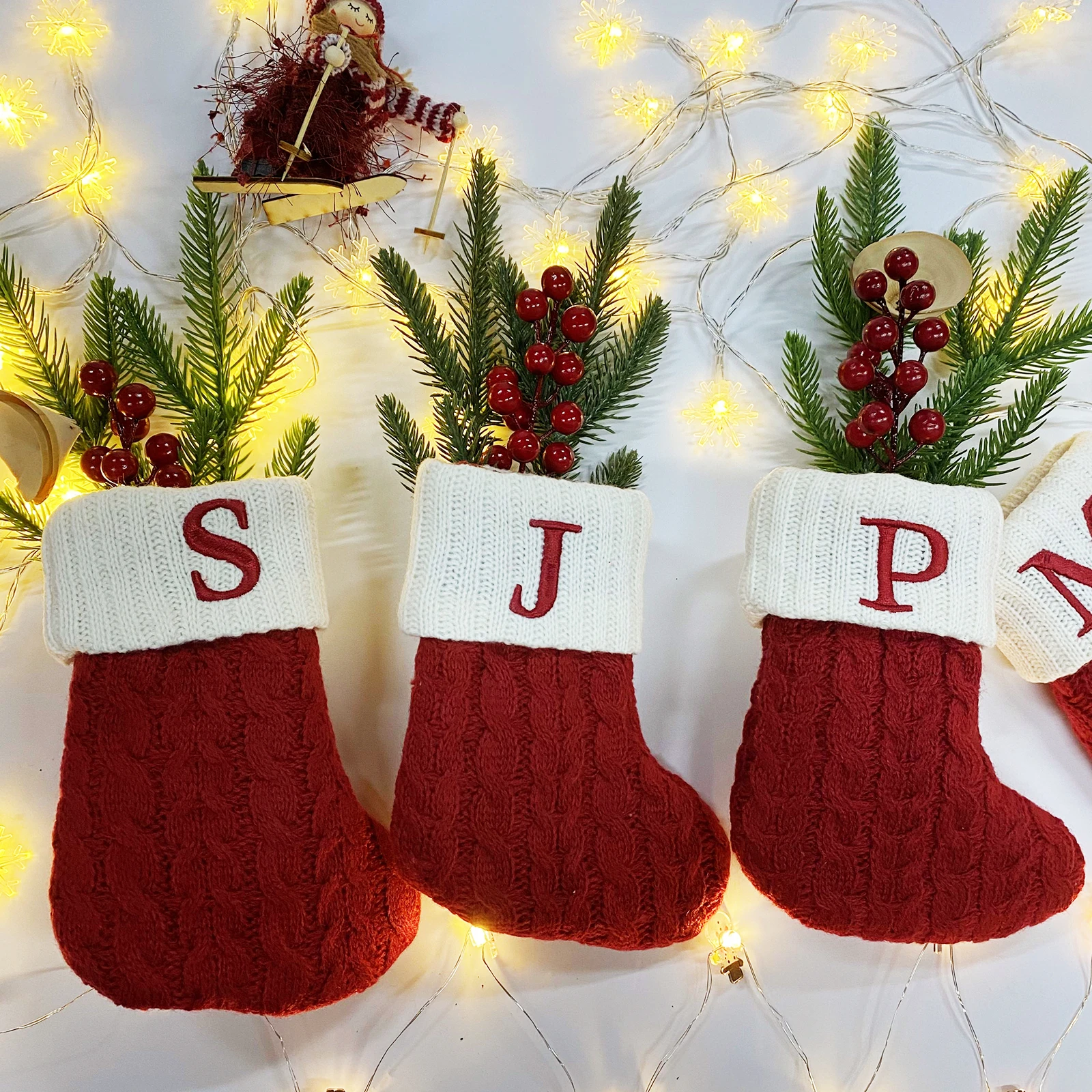 New Year Christmas Socks Red Snowflake Alphabet Letters Christmas knitting Stocking Christmas Tree Decoration For Home Xmas Gift - Image 5